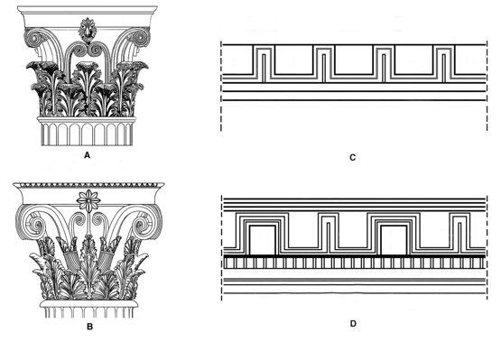 Figure 9.21  (a) Corinthian capital from tholos at Epidaurus (Greece), between 360 and 330 bc; (b) Capital from Propylon of Ptolemy II at Samothrace (Greece), between 285 and 240 bc; (c) flat, grooved modillion; (d) hollow modillion: drawings.